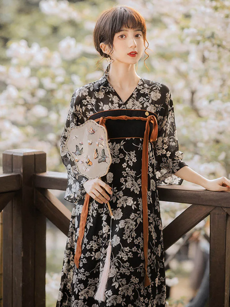 

Chinese Dress Black White Hanfu Retro Printing Dress China Elements Cosplay Women Dress Longuette Skirt Summer China Clothing