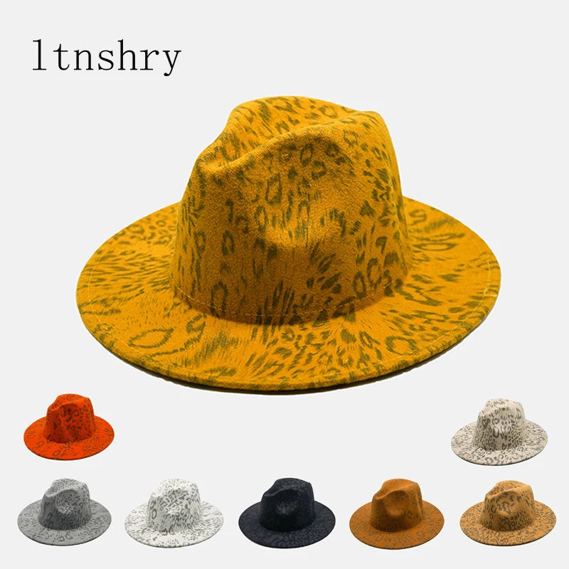 2020New Men's Felt Hat Leopard Fedoras Winter Wide Brim Hats Autumn Fashion Church Male Wool Hat Buckle Adjustable Outbacks Hats