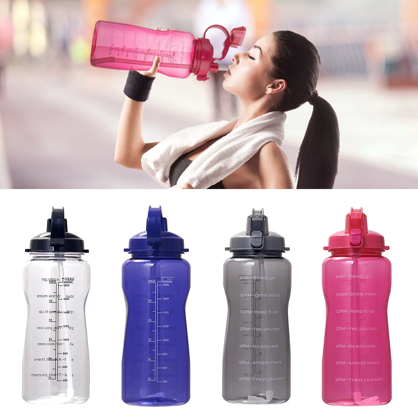 2L 64oz gallon Water Bottle With Straw BPA Free Bottles Portable Outdoor Sports GYM Jug Large Capacity Travel Ride Bottle