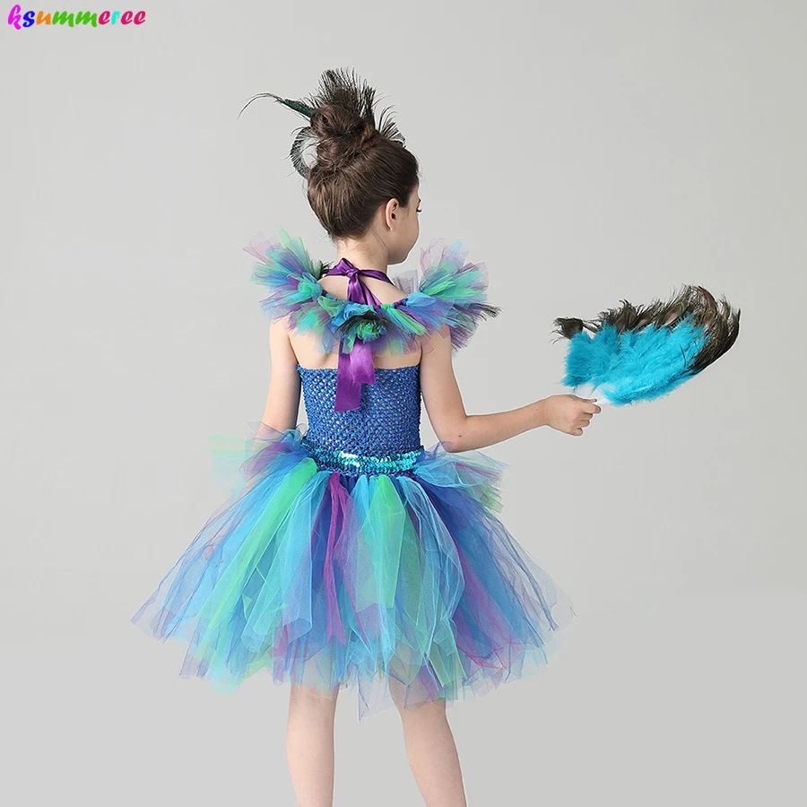 Couture Royal Peacock Girls Tutu Dress with Feather Clip Peacock Bird Carnival Fancy Dress for Kid Halloween Party Purim Costume