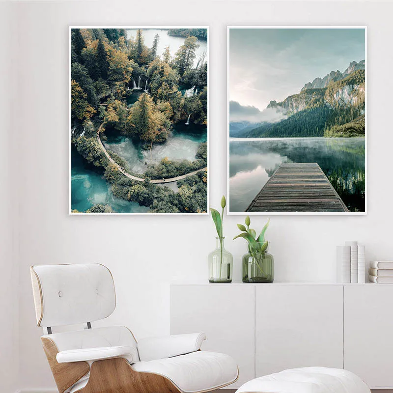 Skandinavische Natur Landschaft Wand Kunst Poster Berg See Boot Nordic Leinwand Malerei Druck Bilder Moderne Wohnkultur