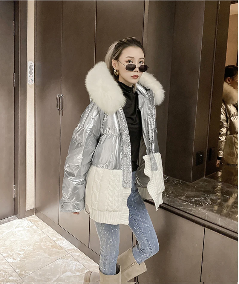 White Duck Down Knitt Stitching Fox Fur Collar Coat Shiny Feather Jacket Short Women 2024 Winter Warm Outwear Lady Hooded Parkas