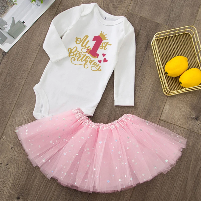 Baby Girls 1st & 2nd Birthday Outfit Romperc Cake Dress Birthday Party Shirt Tutu + Baby Bodysuits Set Girl Jumpsuit Clothes