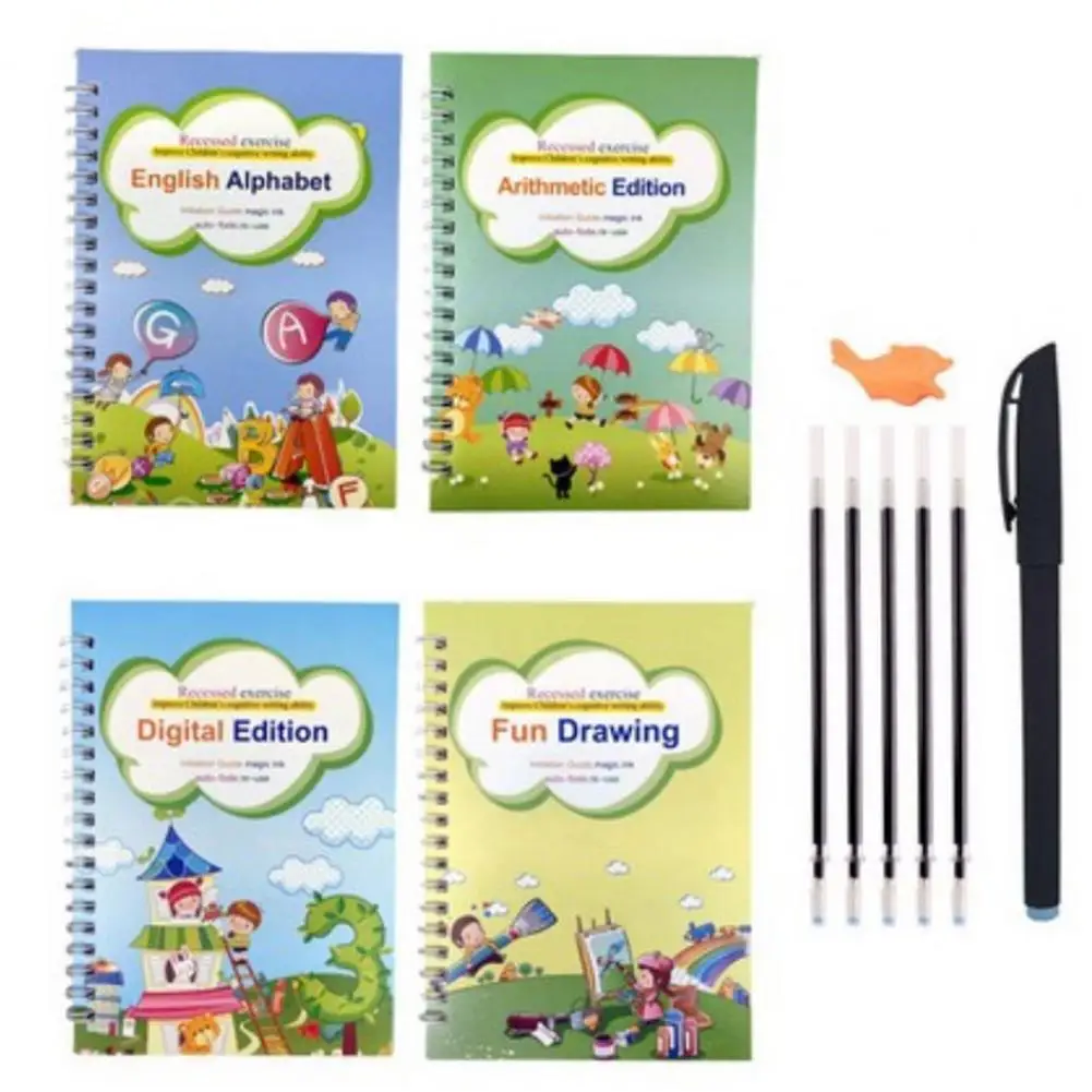 

HOT SALES!!! 4Pcs Reusable English Alphabet Number Kids Drawing Practice Book Groove Copybook