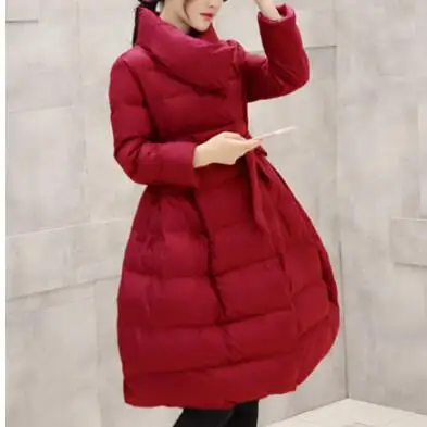 winter fashion women Coats medium-long cotton-padded jacket Thick lacing waist Large Hem Parka Overcoat