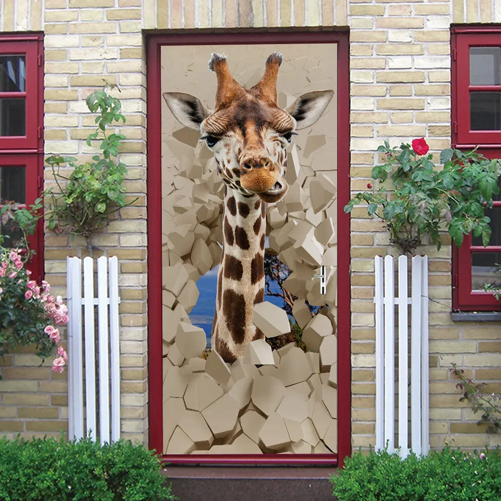 Creative environmental protection 3D giraffe door sticker refurbished self-adhesive bedroom wall PVC sticker