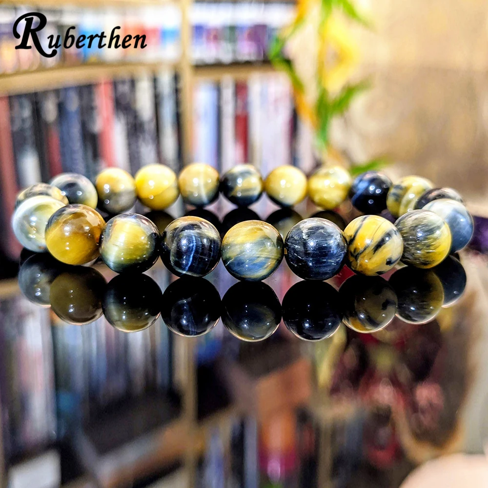 

Ruberthen AAA Quality 10 mm Genuine Flower Tiger Eye Bead Bracelet for Men Natural Superb Luster Excellent color Stone Bracelet