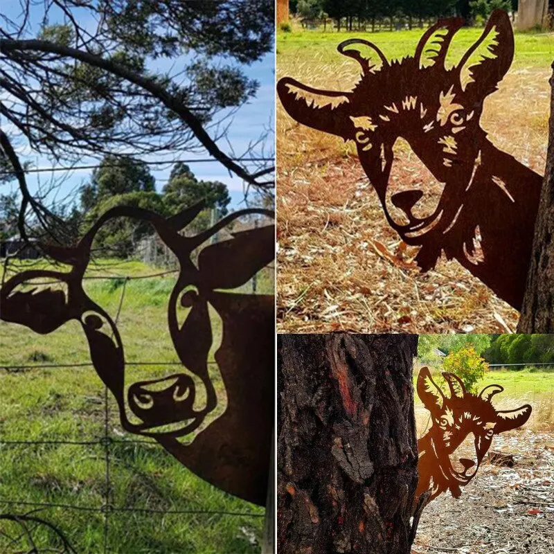 

Farm Peeping Cow Balcony Yard Decorative Metal Garden Art Protector Hanging Ornaments Cartoon Outdoor Statues Home Art Ornaments