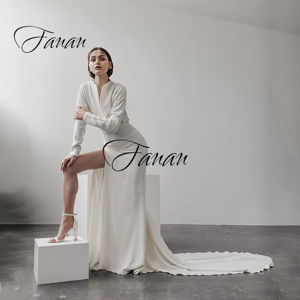 Abito da sera a maniche lunghe con scollo a v semplice abito da sposa con spacco alto laterale senza schienale robe de soirée de mariage пл"е abiti da festa