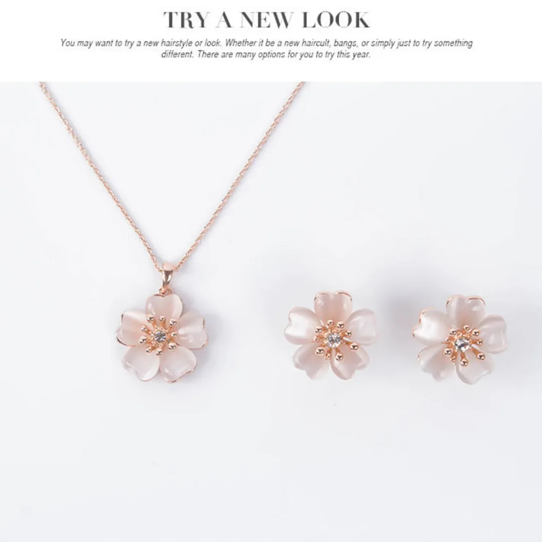 Elegant Cherry Blossom Flower Opal Pendant Necklace Earring Fashion Jewelry Set