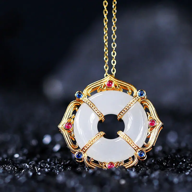 

Ancient gold craft inlaid crystal natural Hetian white jade ladies necklace pendant temperament ethnic style jewelry