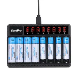 Batteria ricaricabile DuraPro 2800mAH AA + batteria AAA ni-mh da 1100mAH + caricabatterie LCD a 8 slot per giocattoli, telecomando, altoparlante, Flashligt