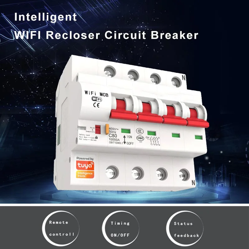 WiFi Circuit Breaker Tuya APP Wireless Control Alice Alexa Google Home Voice Control 4P 16A-125A Shortcut/Overload Protection