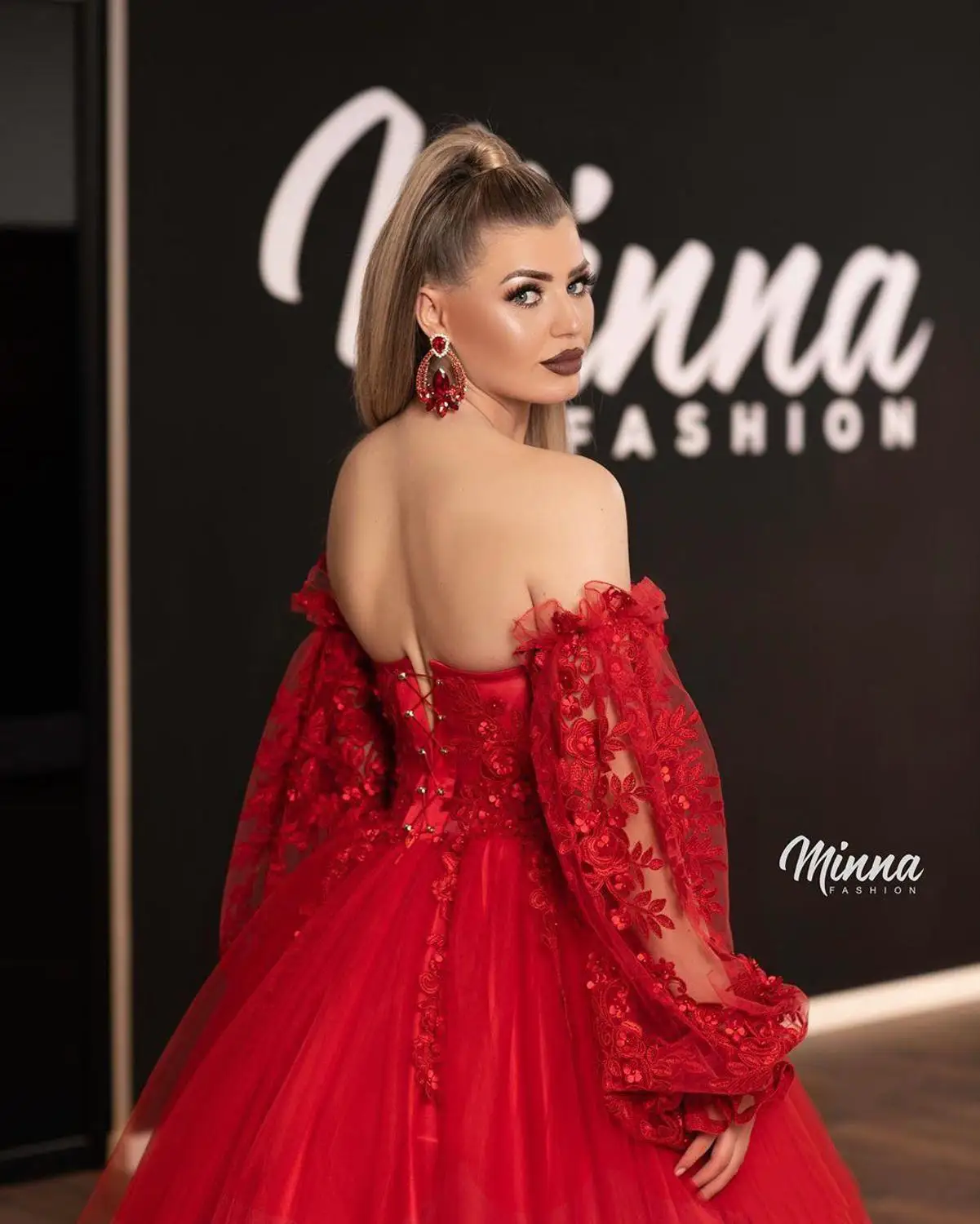 LORIE Red Evening Dresses Formal Long Sleeve Off the Shoulder Lace Appliques Prom Gowns Plus Size Back Lacing Princess Dress