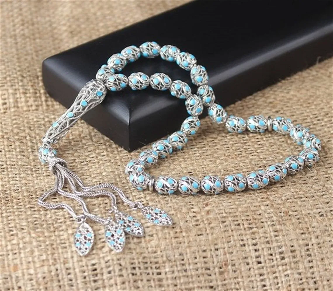 

925 Sterling Silver Telcari Model Blue Zirconia 33 Piece Tasbih Special Design Islamic Gift, Masterwork Muslim Prayer Beads