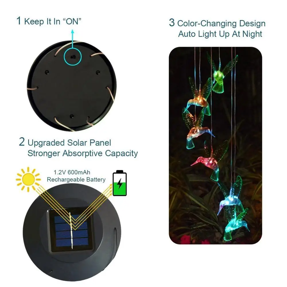 Color Changing LED Solar Power Lâmpada Hummingbird Wind Chimes Jardim Decoração Quintal Impermeável LED Light Lighting Hanging Decor