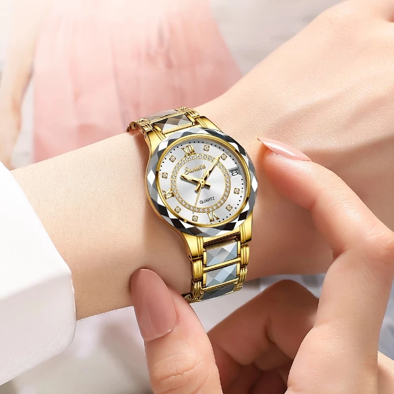 Sunkta Saphir Spiegel Luxus Frauen Uhr Wolfram Stahl Material wasserdichte Uhr Damen uhren Diamant uhr Relogio Feminino