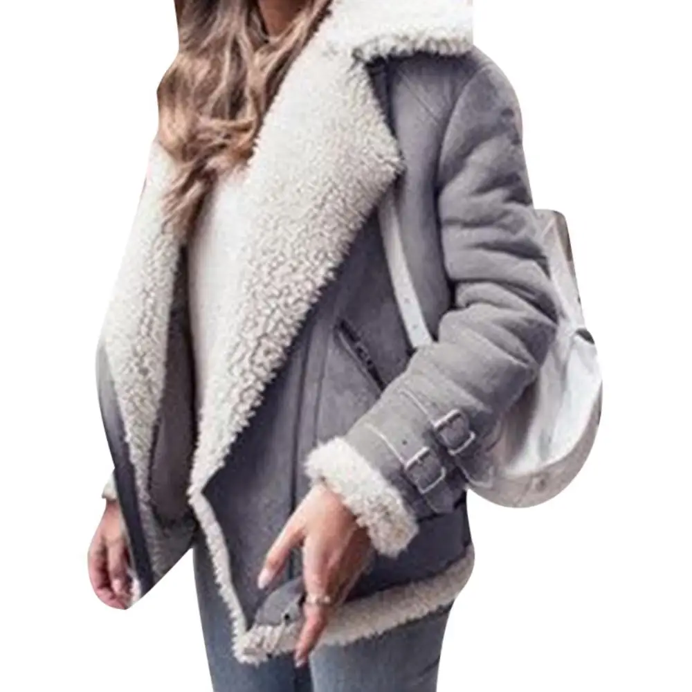 Chaqueta de solapa gruesa de piel sintética para mujer, abrigo suelto con correas de hebilla, manga larga, Invierno