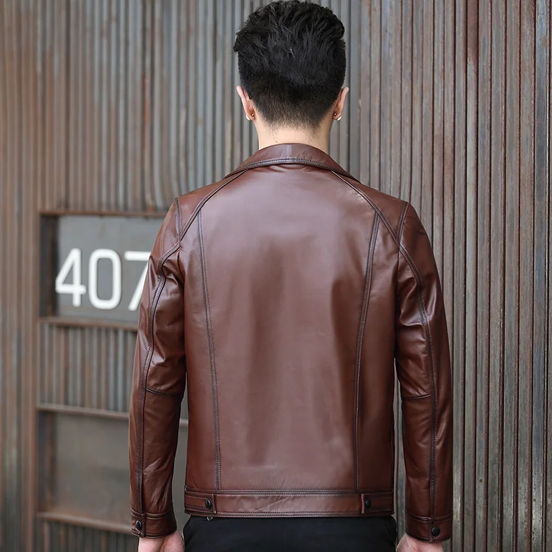 Motorcycle Genuine Leather Jacket Men Luxury Slim Turn-Down Collar Black Cowhide Coat Classic Real Leather Outerwear Plus Size