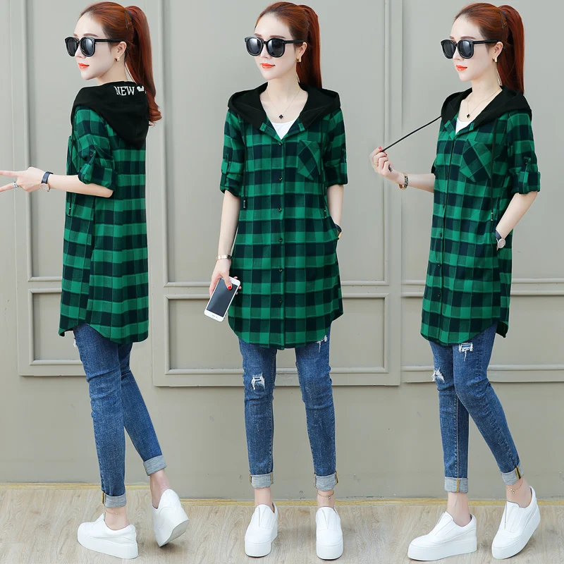 Plaid Berkualitas Tinggi Kaos Wanita Musim Semi dan Musim Gugur Wanita Panjang Blus Longgar Baru BF Harajuku Kemeja Jaket Liar Atasan