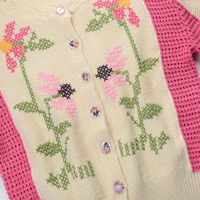 TEELYNN long sleeve pink floral embroidery Crochet sweaters women coat 2020 vintage knit Cardigan autumn warm sweater jumper