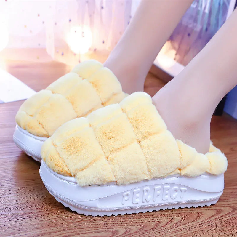 Furry Platform Slippers for Women, High Heel, Plush Slippers, Anti-Skid, Warm Fur, Indoor, Home, Luxury, Fashion, Winter