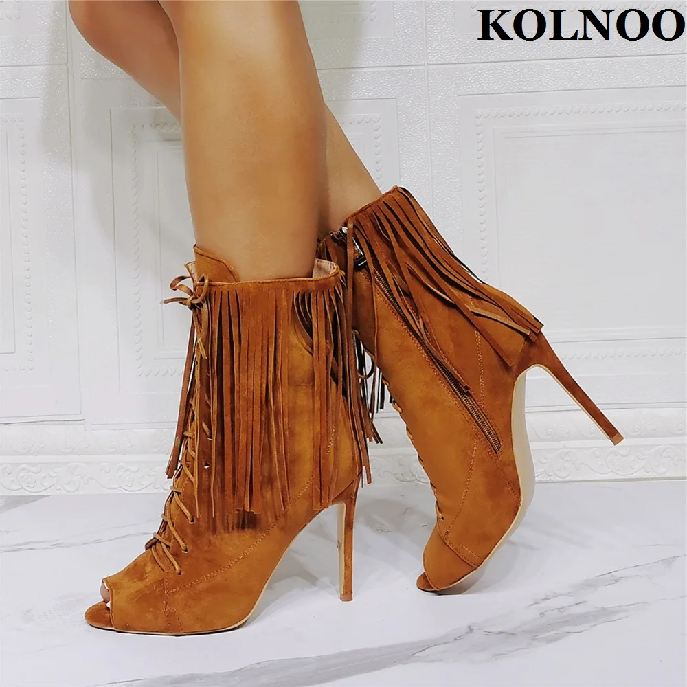 

Kolnoo Retro Style Ladies Stiletto Heel Ankle Boots Fringed&Tassel Peep-toe Autumn Dress Boots Real Photos Fashion Brown Shoes