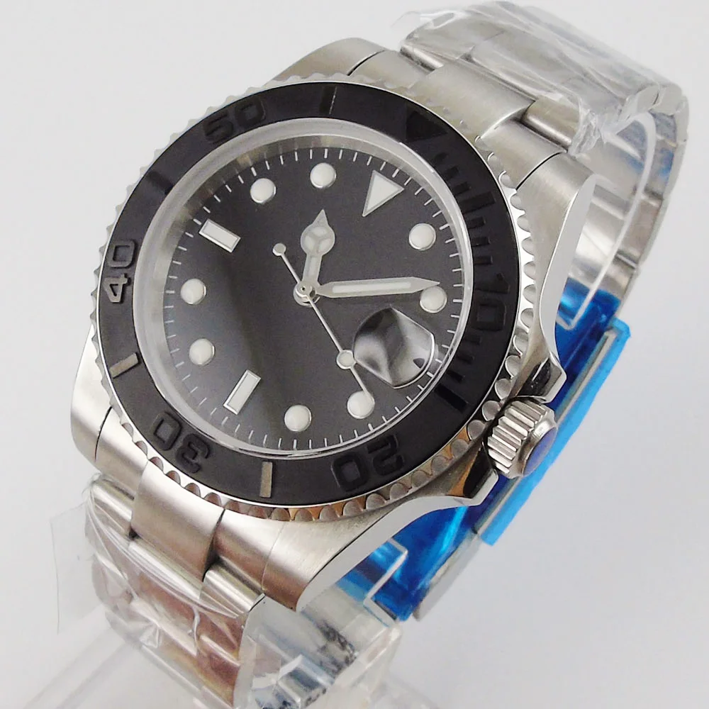 

Black Sterile Dial Business Automatic Men's WristWatch 24 Jewels NH35 MIYOTA 8215 Magnifier Clear Glass Back Ceramic Insert