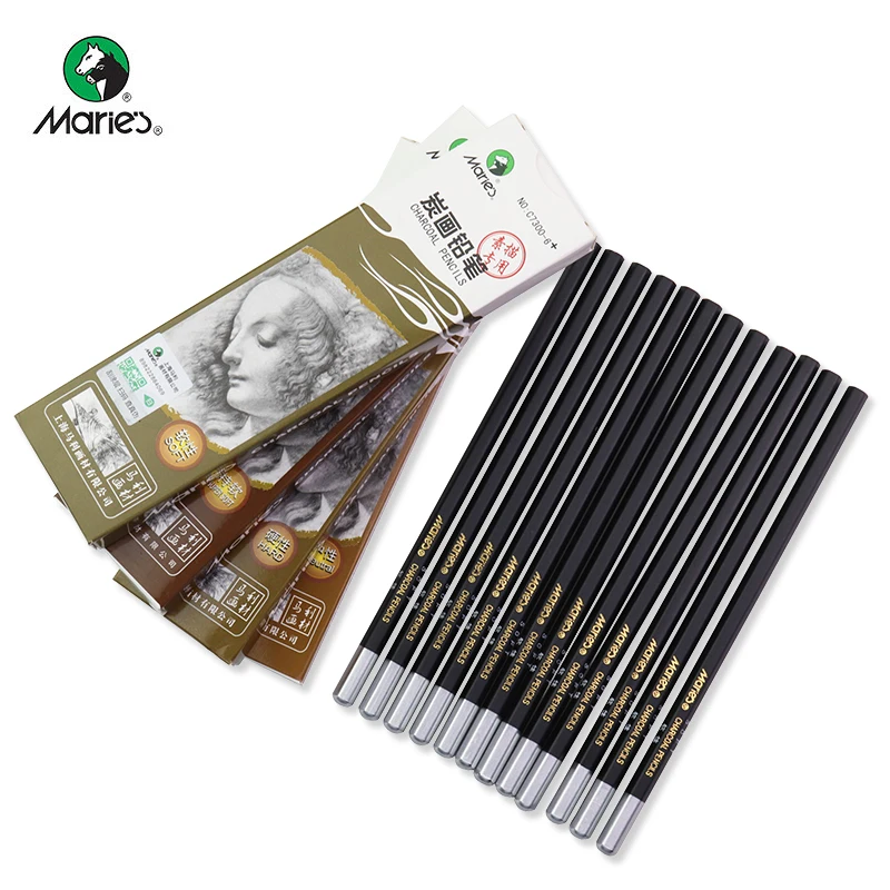 Marie\'s 6/12pcs Professional Sketch Charcoal Pencil Soft/Medium/Hard/Extra-soft Drawing Charcoal Pens Art Supplies C7300/7360