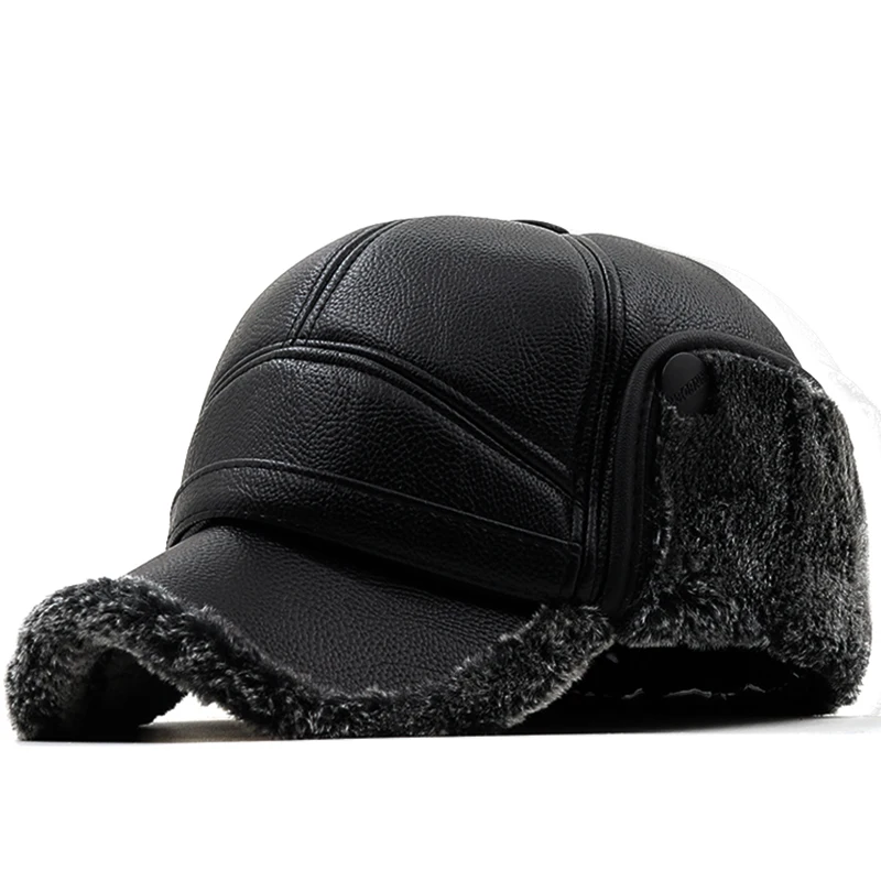 New warm Man Leather Hats Winter First Layer Cowhide Warm Earmuffs Bomber Caps Plus Velvet Thicken Male Bone Caps Dad Hat