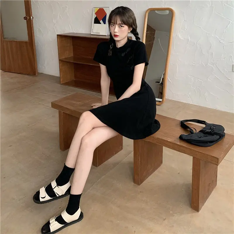 Dress Women Summer Mini Waistline Slim Thin Solid A-line Chinese Style Half Open Collar Streetwear Fashion Harajuku Comfortable