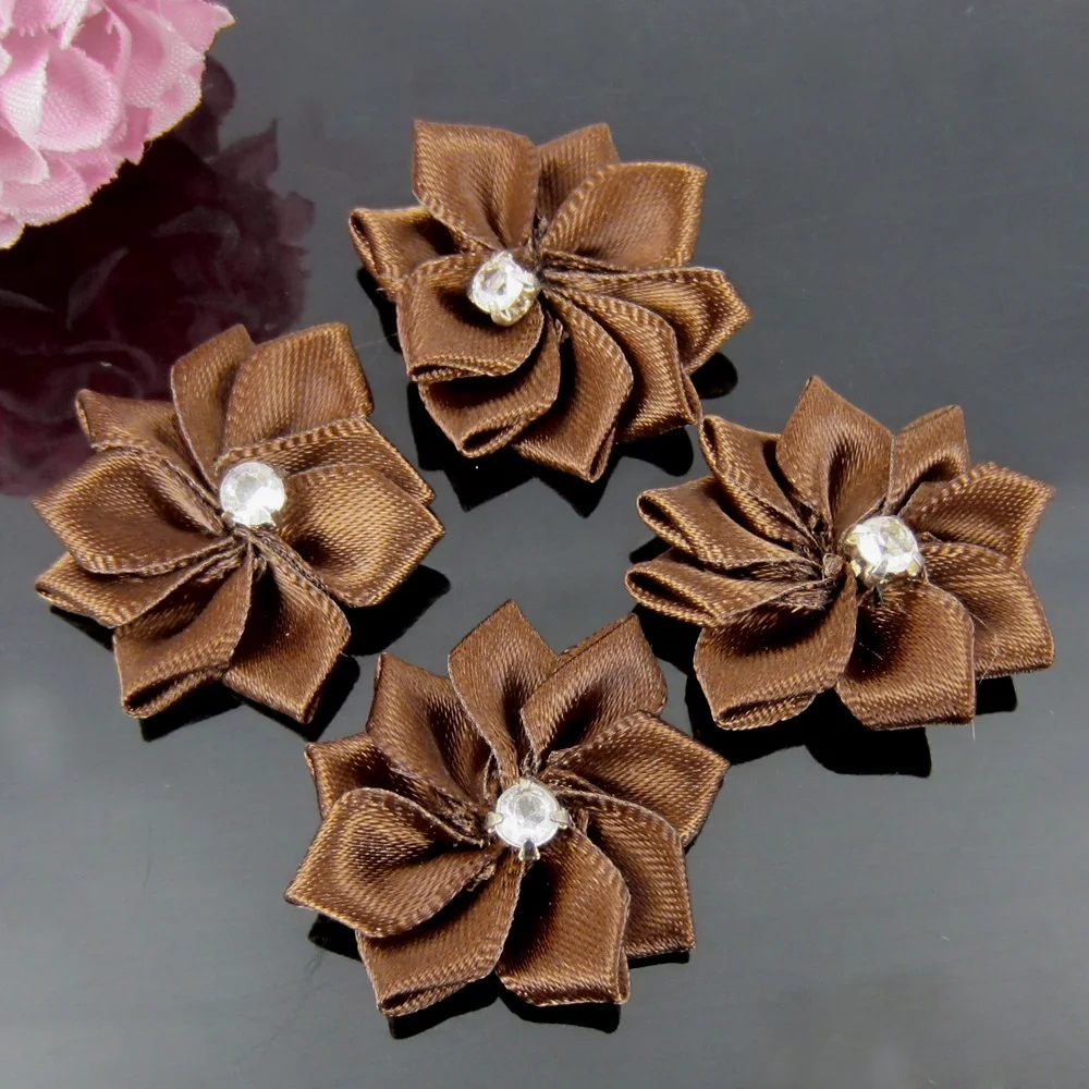 40Pcs Handmade Small Fabric Satin Flowers with Rhinestone Appliques Sewing Wedding Garment Accessories Flowers 2.8cm