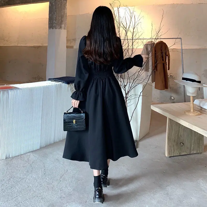 HOUZHOU Black Elegant Dress Women Vintage Long Sleeve Spring Autumn Dresses Square Collar Oversize Loose Casual Robe Streetwear