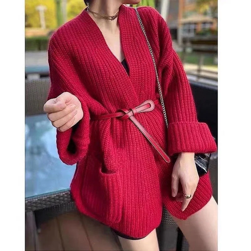 Korea Chic Red Sweater Coat Women's Fashion New Autumn Winter Cardigan Pockets Loose Outer Wear With Belt 2021 N189