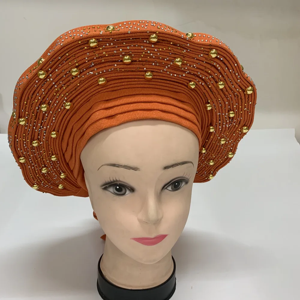 W nowym stylu afryki Aso Oke Headtie Auto Asoebi Gele nakrycia głowy z żelaza kamienne koraliki najlepsza jakość Turban Headwraps 1 sztuk/paczka