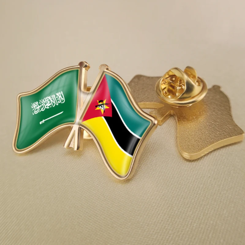 Saudi Arabia and Mozambique Crossed Double Friendship Flags Lapel Pins Brooch Badges