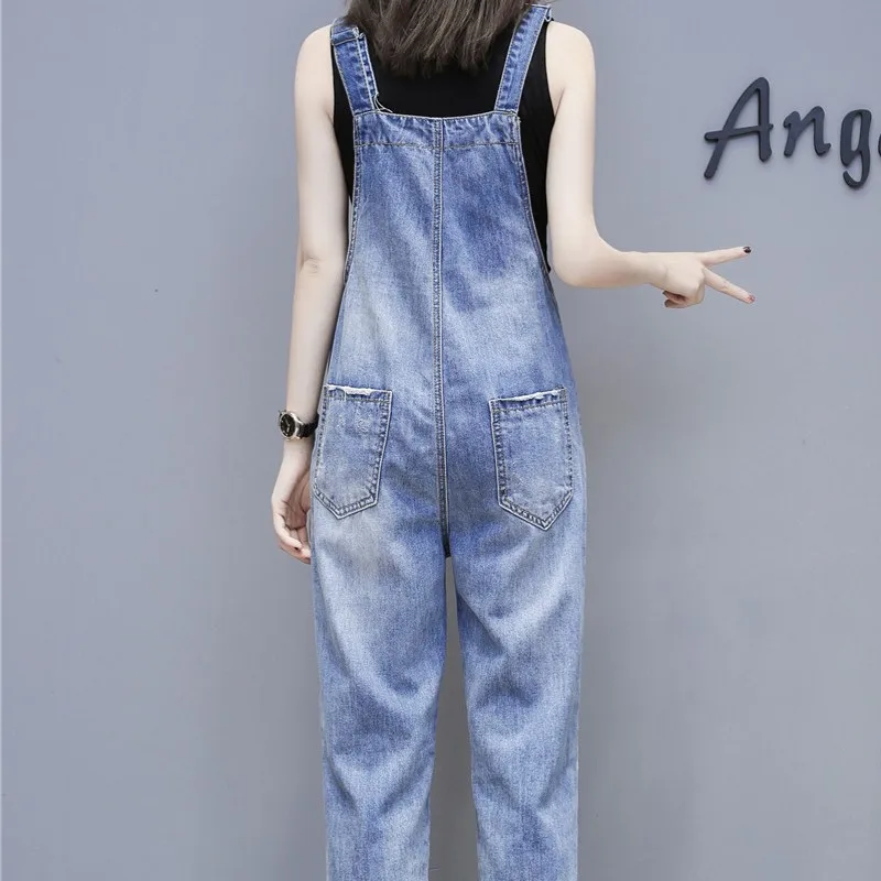 Primavera moda novas tiras macacão feminino estilo preppy rasgado buraco solto denim macacão casual de cintura alta playsuits jeans