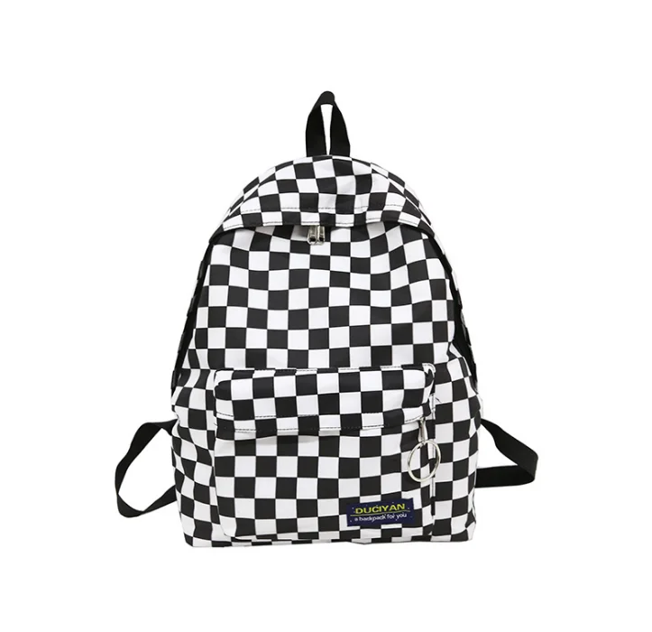 Black and white plaid student backpack fashion trend backpack large capacity lightweight breathable wear-resistant schoolbag