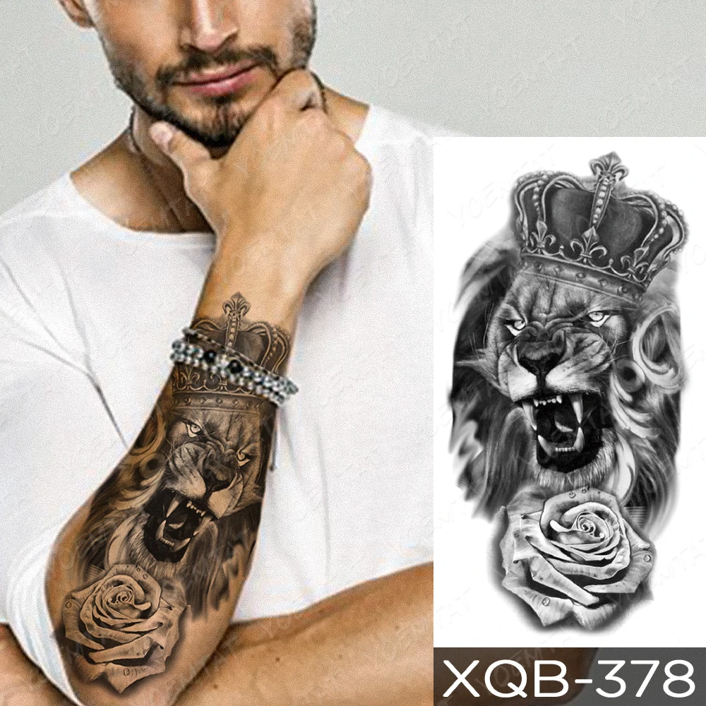 Lion Black Temporary Tattoos For Men Sticker Rose Crown Tiger Wolf Forest Tatu Arm Waist Women Body Art Glitter Fake Tato Kids