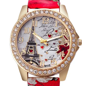 Vrouwen Grote Horloges Mode Luxe Kristal Parijs Eiffeltoren Horloges Vrouwen Lederen Band Quartz Horloge Casual Dames Horloges