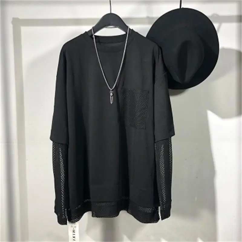 Chao man original Spring and autumn simple fake two pieces of Mesh stitching loose long-sleeved Sweater Yuanyuan Street hip-hop