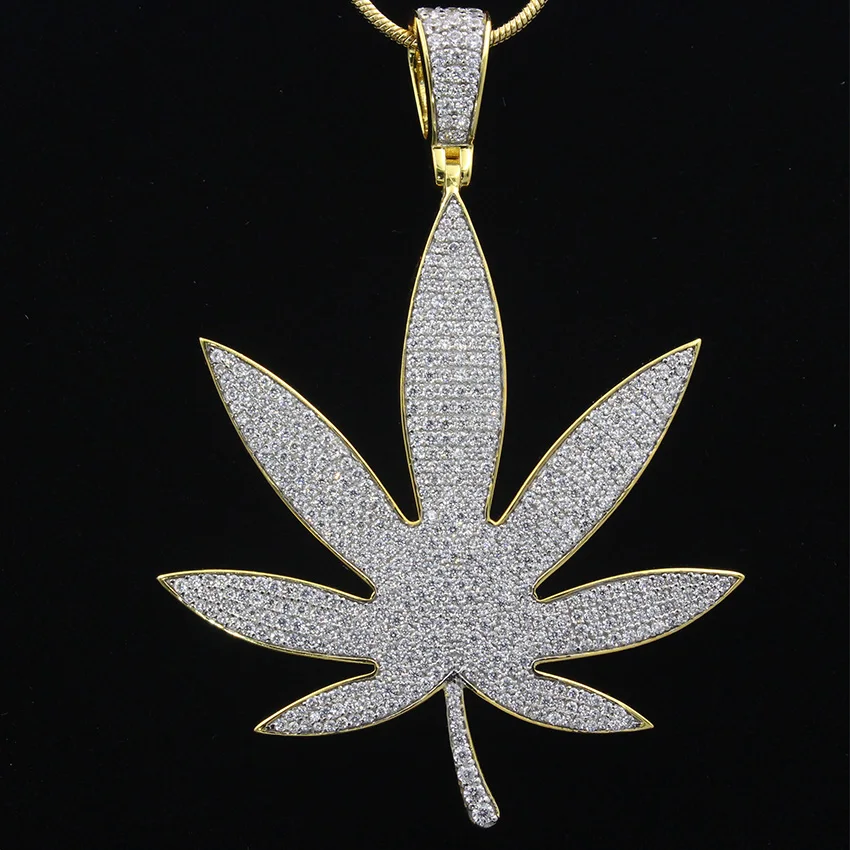 Charm CZ Iced Out Hip Hop Bling Maple Leaf Weed Marijuana Leaf Fine Silver Necklace Pendant Jewelry