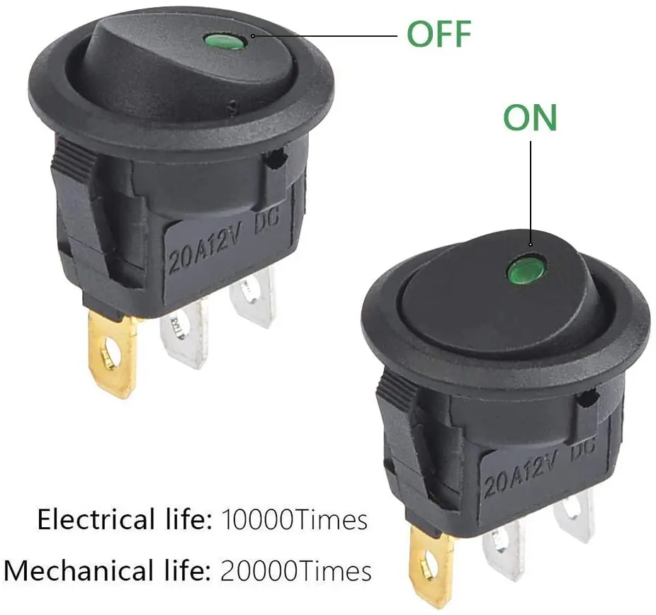 20pcs/lot 3 Pin 12V 20A Switch Amps Car Truck Rocker Round LED Toggle Switches On-Off Control Switch Blue Green Yellow Red