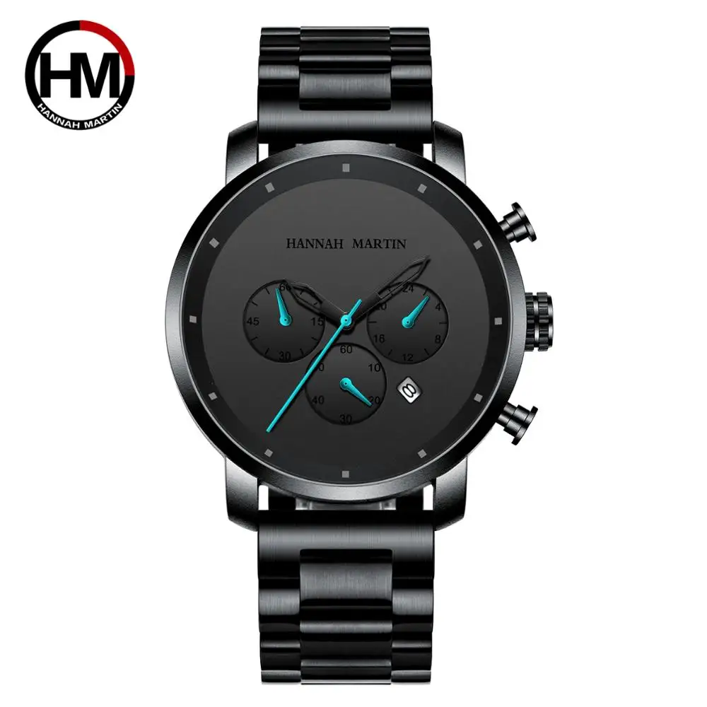 DropShipping 2020 New Simple Japanese Movement Full Black Stainless Steel Multi-function Calendar Men\'s Top Brand Luxury Watches