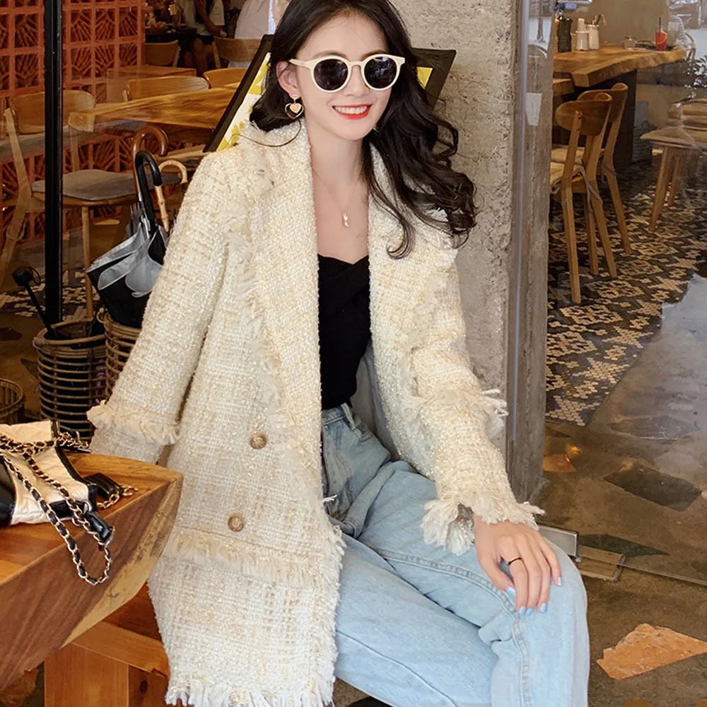 2023 Autumn New Korean Style Loose Small Suit Female Elegant Tweed Small Fragrance Wind Design Sense Niche Temperament Jacket