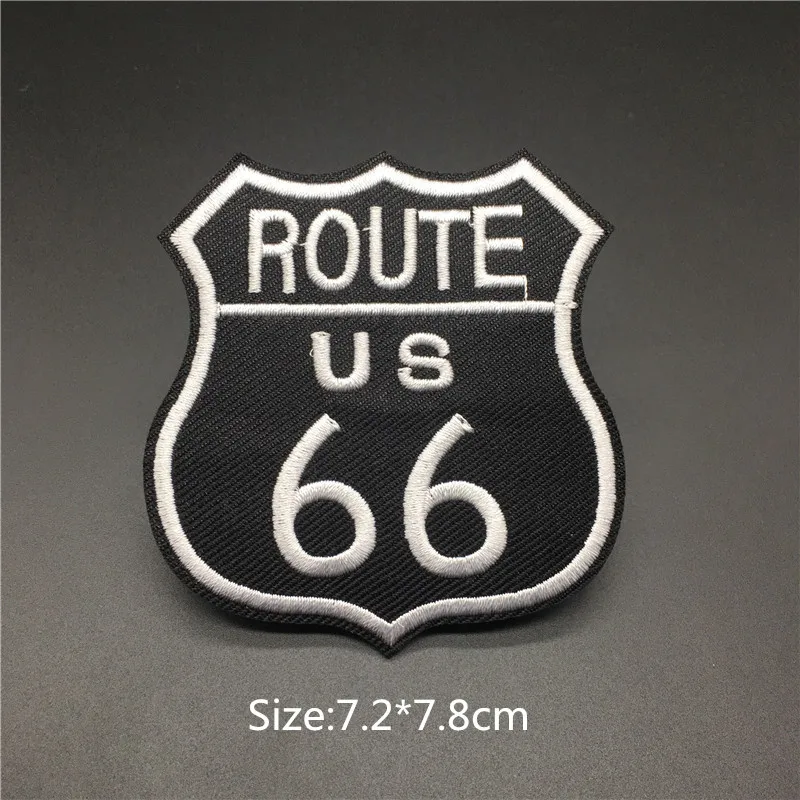 Route 66 dimensioni: 7.2x7.8cm Patch per vestiti fai-da-te ferro su Badge striscia ricamata per abbigliamento giacca adesivo Applique per cucire