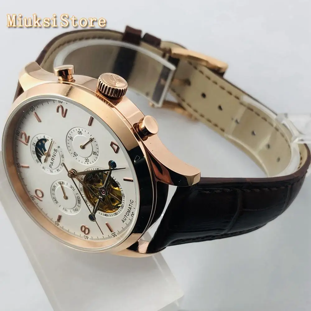 Parnis new 43mm rose gold case white dial date leather strap waterproof automatic mens top leisure flywheel mechanical watch