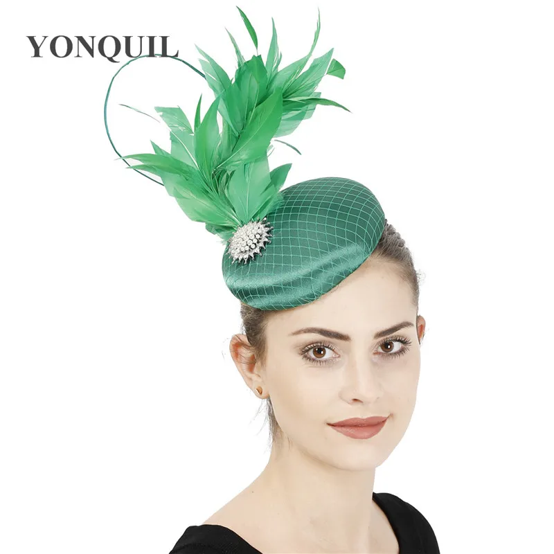 Satin Green Fashion Wedding Fascinator Hat Bridal Elegant Headpiece With Fancy Feather Hair Accessories Formal Chuch Occasion