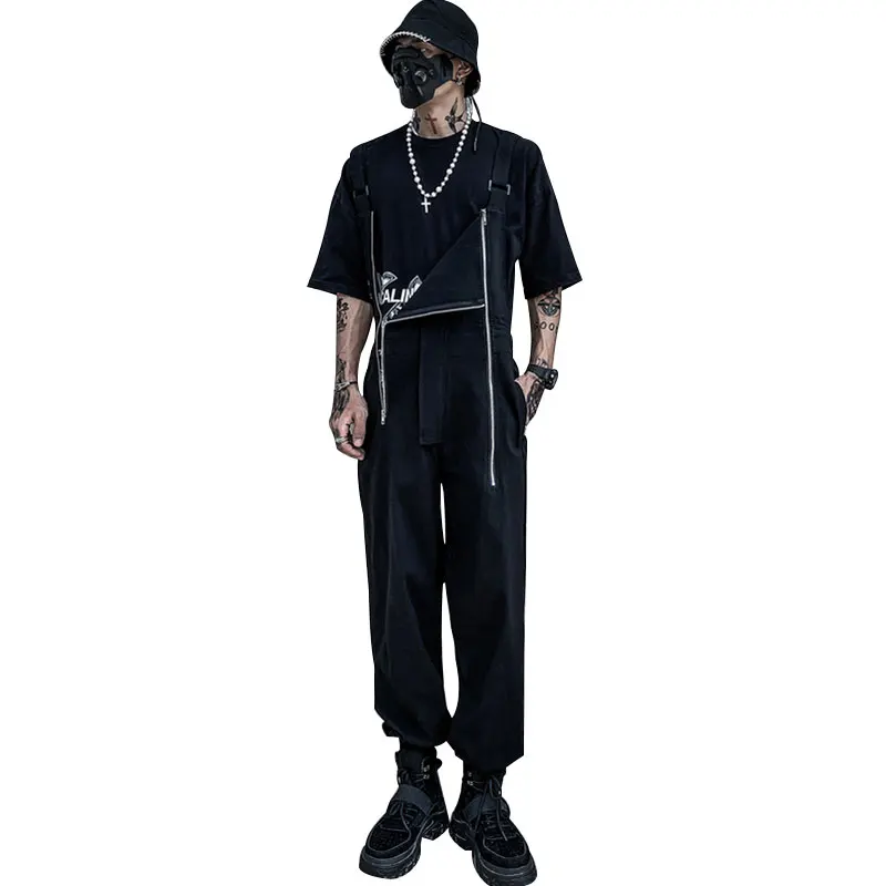 2021 Summer Overalls Men Woman Bib Jumpsuits Multi-Pocket Zipper Tie Feet Cool Street Hip Hop Coverall Pants Black Trousers