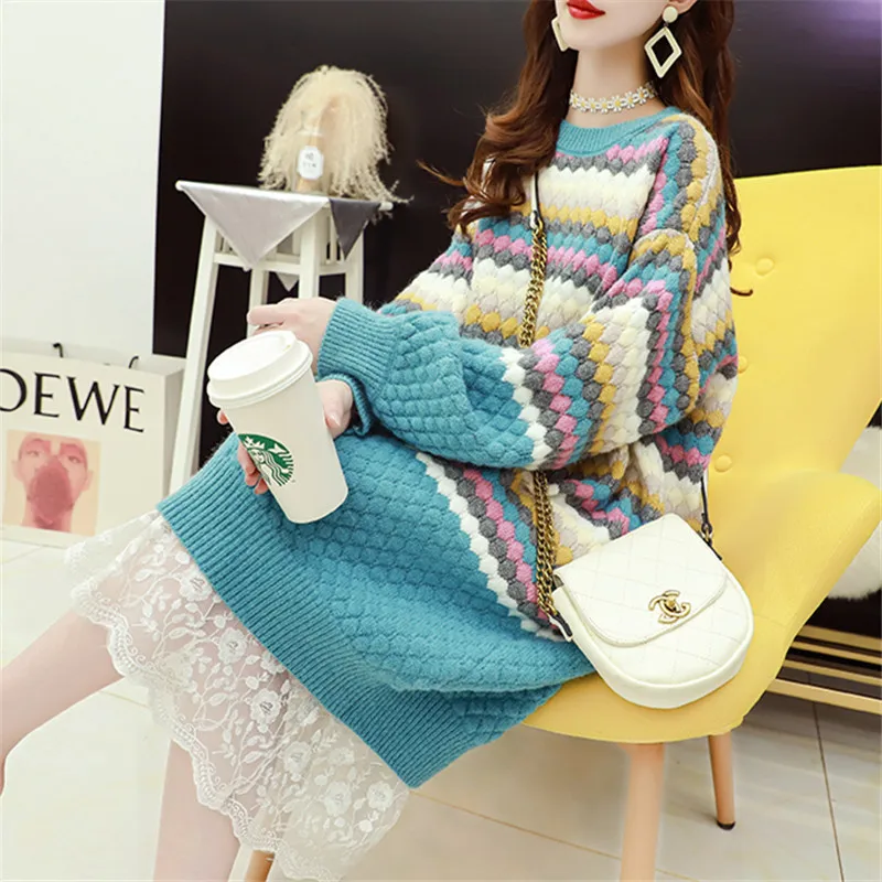 2024 Winter Thick Casual Loose Long Knitted Sweater Dress Women O-neck Lantern sleeve 3 Color Choose Striped Sweaters Female